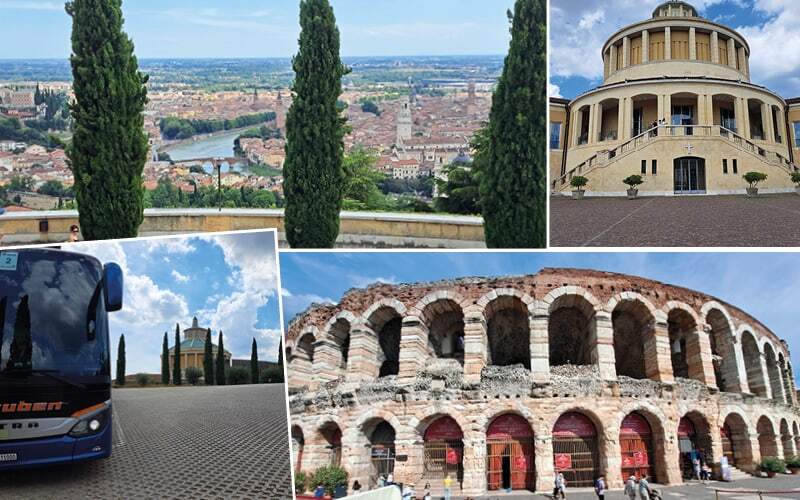 Vue sur Vérone entre les cyprès, sanctuaire Notre-Dame de Lourdes et façade des arènes