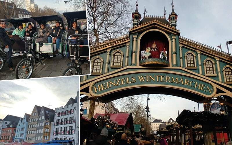 Voyageurs en vélo-taxi, maisons colorées de la vieille ville et entrée du marché Heinzels Wintermärchen
