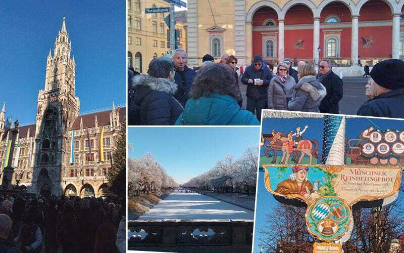 Nouvel hôtel de ville sur la Marienplatz, groupe en visite et canal gelé bordé d’arbres givrés