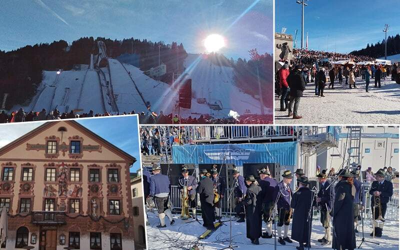 Tremplin de Garmisch sous le soleil, façade peinte bavaroise et fanfare en costume traditionnel