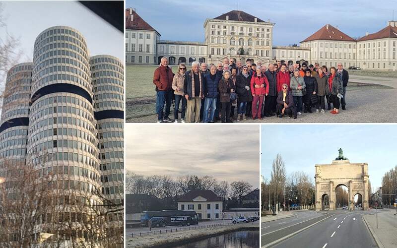 Groupe devant le château de Nymphenburg, tours cylindriques de BMW et car au bord d’un canal