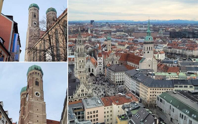 Clochers en brique aux coupoles vertes et vue plongeante sur la Marienplatz à Munich