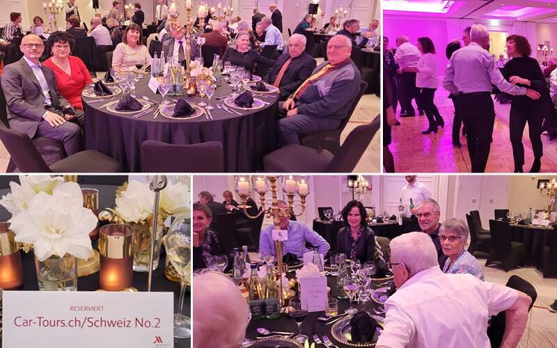 Soirée de gala du Nouvel An avec chandeliers dorés, couples dansant et table réservée Car-Tours.ch