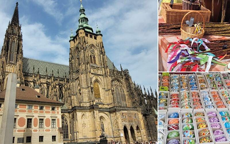 Cathédrale Saint-Guy, fouets de Pâques enrubannés et œufs peints à la main sur un marché