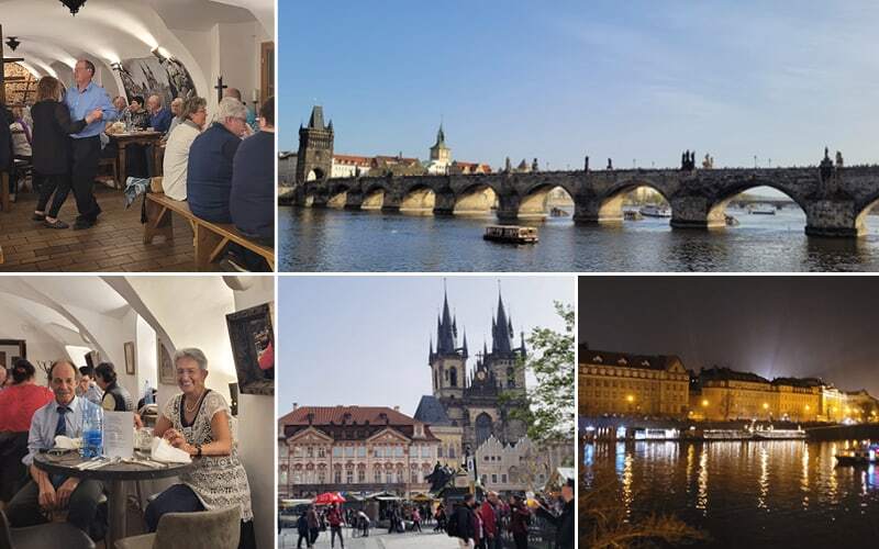 Danse dans une brasserie voûtée, pont Charles au soleil couchant et quais illuminés de la Vltava