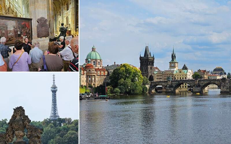 Groupe dans la cathédrale Saint-Guy, tour métallique de Petřín et pont Charles sur la Vltava
