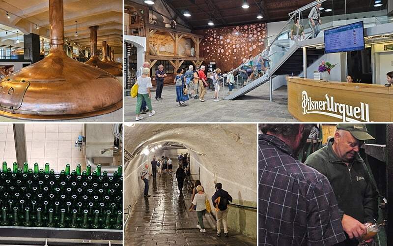 Cuves de brassage en cuivre, bouteilles vertes et visite des caves de la brasserie Pilsner Urquell