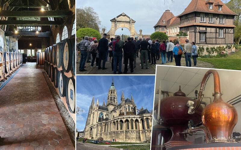 Chai de fûts de calvados, groupe devant un manoir à colombages et cathédrale de Bayeux