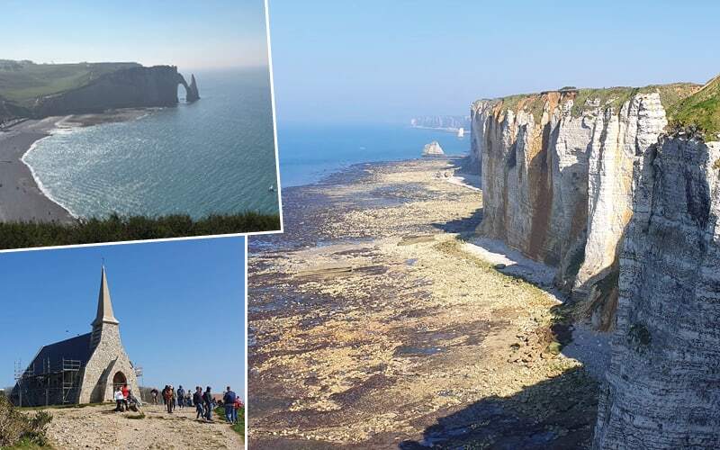 Falaises et arche d’Étretat, chapelle au sommet de la falaise et estran à marée basse