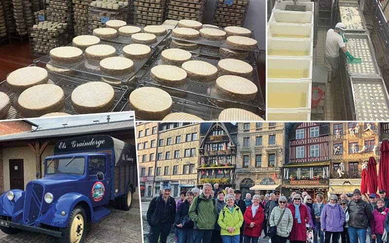 Fromages affinés, vieux camion de la fromagerie Graindorge et groupe devant des façades à colombages