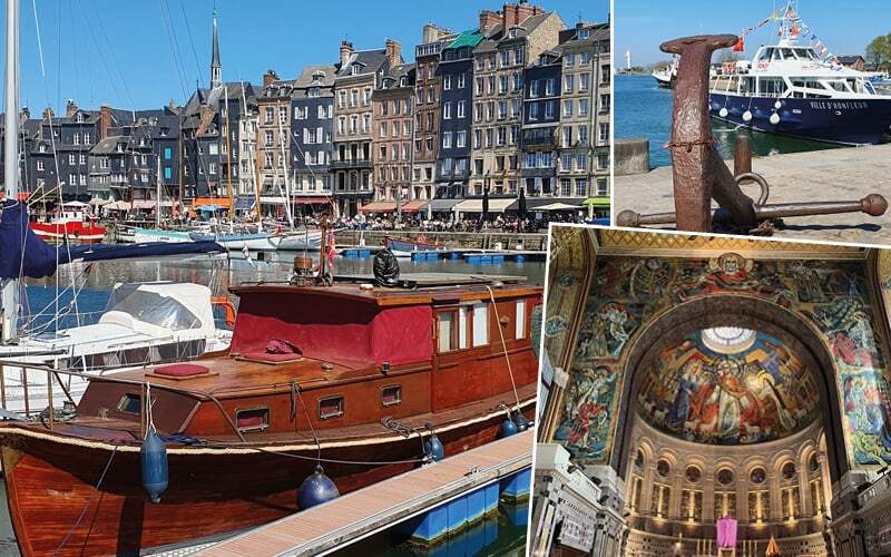 Vieux bassin de Honfleur, ancre sur le quai et mosaïques de la basilique de Lisieux