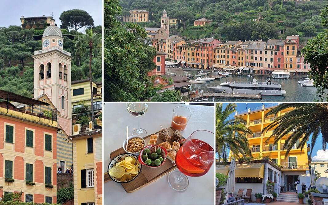 Port coloré de Portofino, apéritif avec spritz et olives et hôtel jaune entouré de palmiers