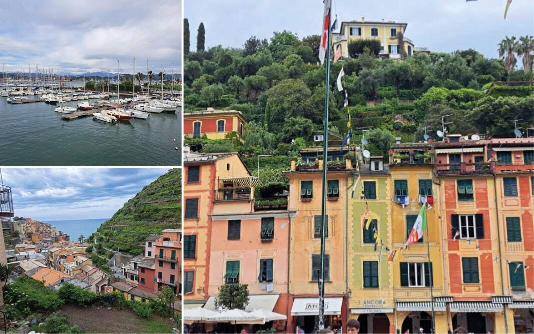Port de plaisance, village des Cinque Terre sur la colline et façades peintes aux volets verts