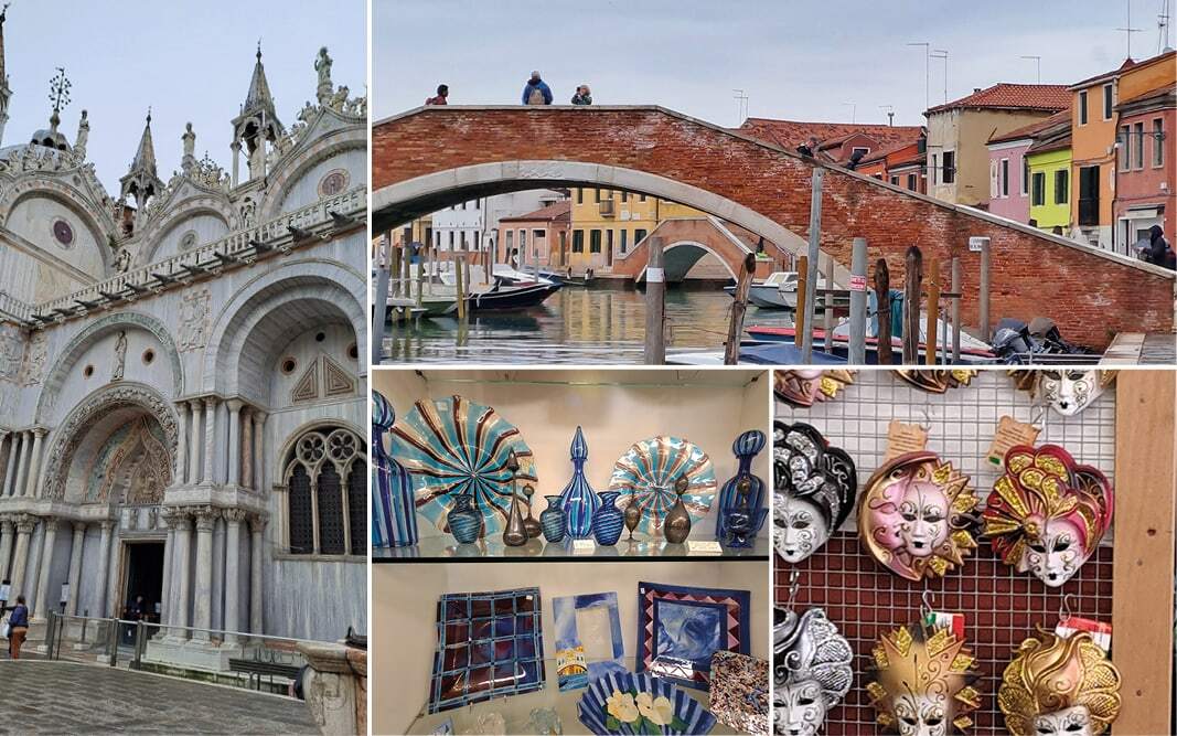 Basilique Saint-Marc, pont de briques sur un canal, vases en verre coloré et masques vénitiens