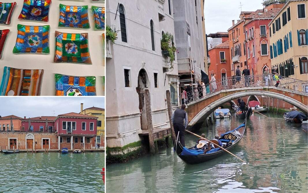 Coupelles en verre multicolores, maisons colorées au bord de l’eau et gondole passant sous un pont