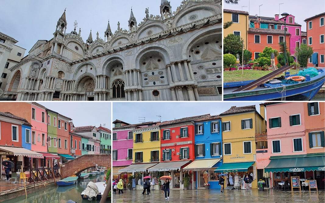 Basilique Saint-Marc et maisons colorées de Burano au bord des canaux, passants sous la pluie