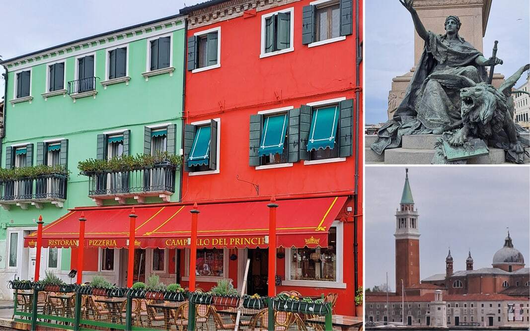 Maisons colorées avec terrasse de restaurant, statue de bronze avec lion et campanile sur la lagune