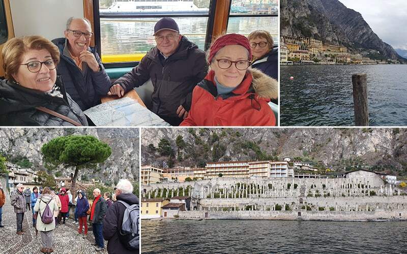 Voyageurs souriants en bateau, visite guidée de Limone et citronnières en terrasses au bord du lac