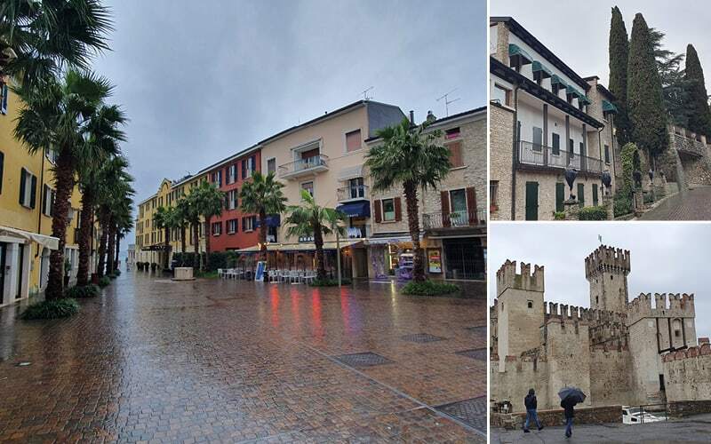 Rue bordée de palmiers sous la pluie et château fort crénelé de Sirmione