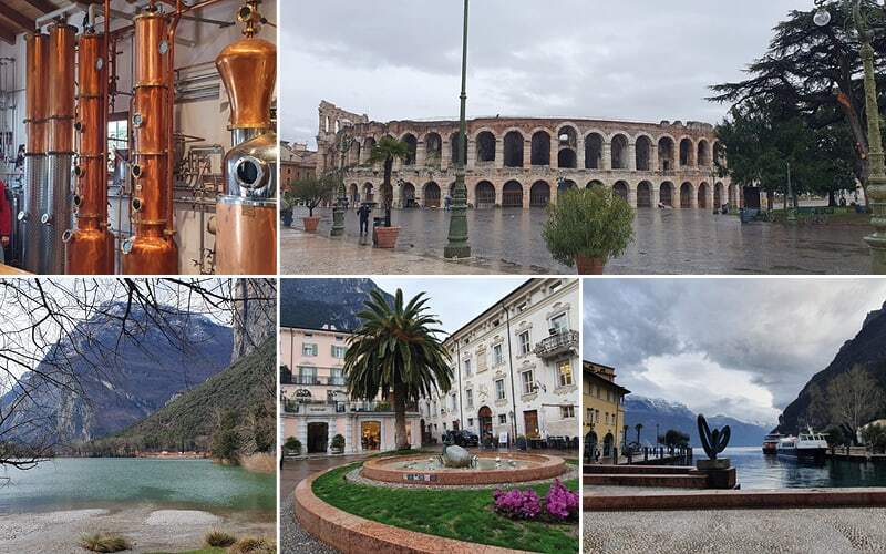 Alambics en cuivre d’une distillerie, arènes de Vérone et lac aux eaux vertes entre les montagnes