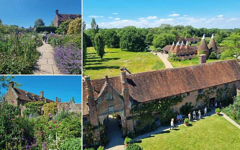 Jardins fleuris de Sissinghurst, allée de lavande et bâtiments de brique vus d’en haut
