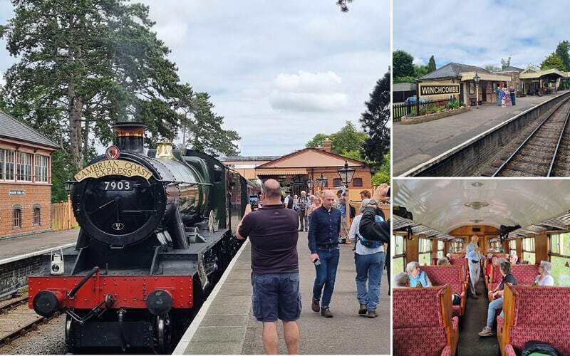 Locomotive à vapeur en gare, quai fleuri de Winchcombe et voyageurs dans une voiture ancienne