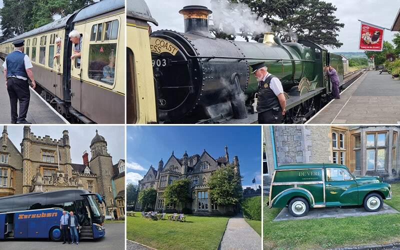 Contrôleur près d’une locomotive à vapeur, voyageurs aux fenêtres du train et château-hôtel néogothique