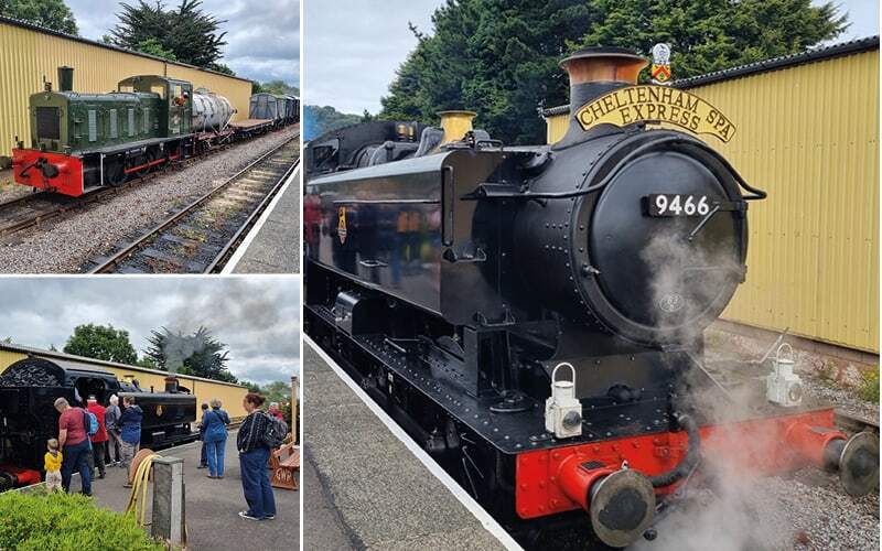 Locomotive à vapeur Cheltenham Spa Express en gare, petite locomotive diesel et voyageurs sur le quai
