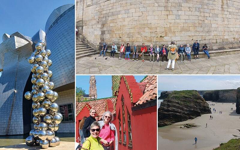 Sphères argentées du Guggenheim de Bilbao, groupe assis au pied d’un mur et plage aux falaises