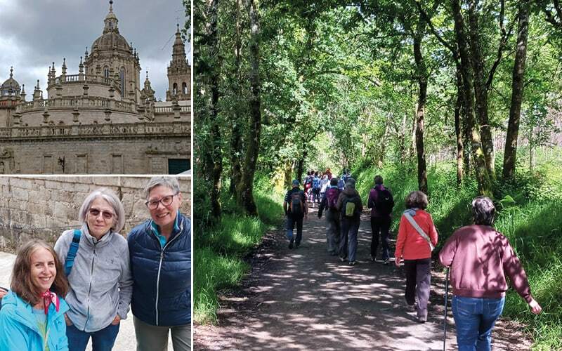 Coupole baroque d’une cathédrale, trois voyageuses souriantes et pèlerins marchant sur un chemin forestier