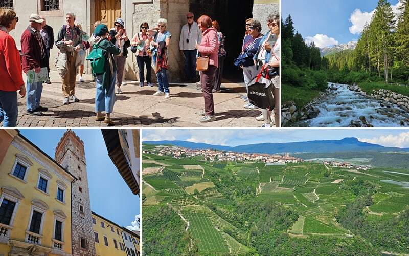 Groupe en visite guidée en ville, torrent dans la forêt et village au milieu des vergers