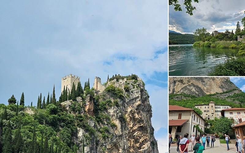 Château d’Arco sur son rocher, lac entouré de verdure et groupe devant une cave à vin