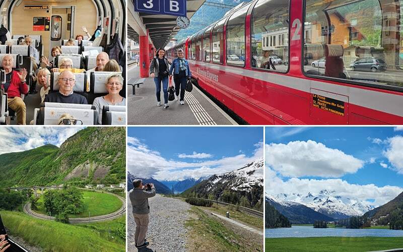Voyageurs dans le Bernina Express, viaduc circulaire de Brusio et lac au pied de sommets enneigés