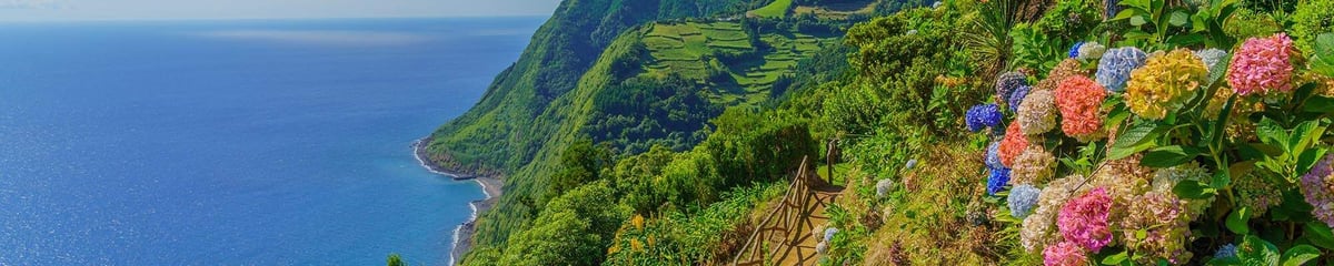 Falaises côtières abruptes avec végétation verte au dessus de la mer bleue, petit village en arrière plan