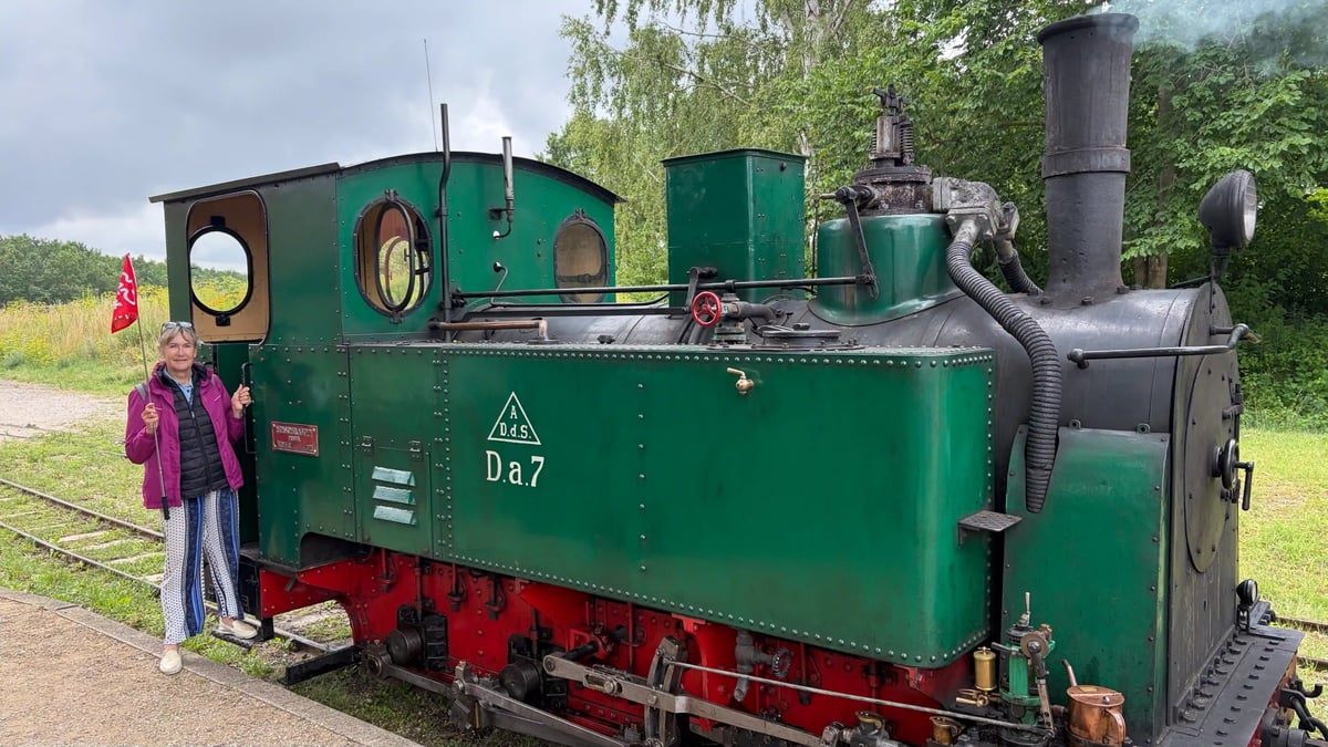 istorische grüne Dampflokomotive einer dänischen Museumsbahn.