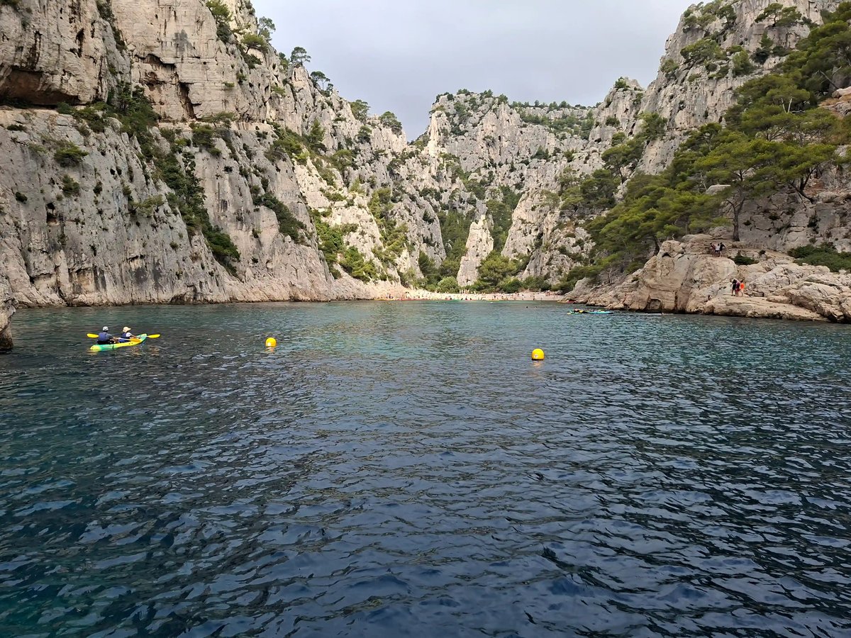 Felsige Bucht der Calanques mit türkisfarbenem Wasser und steilen Kalksteinfelsen.