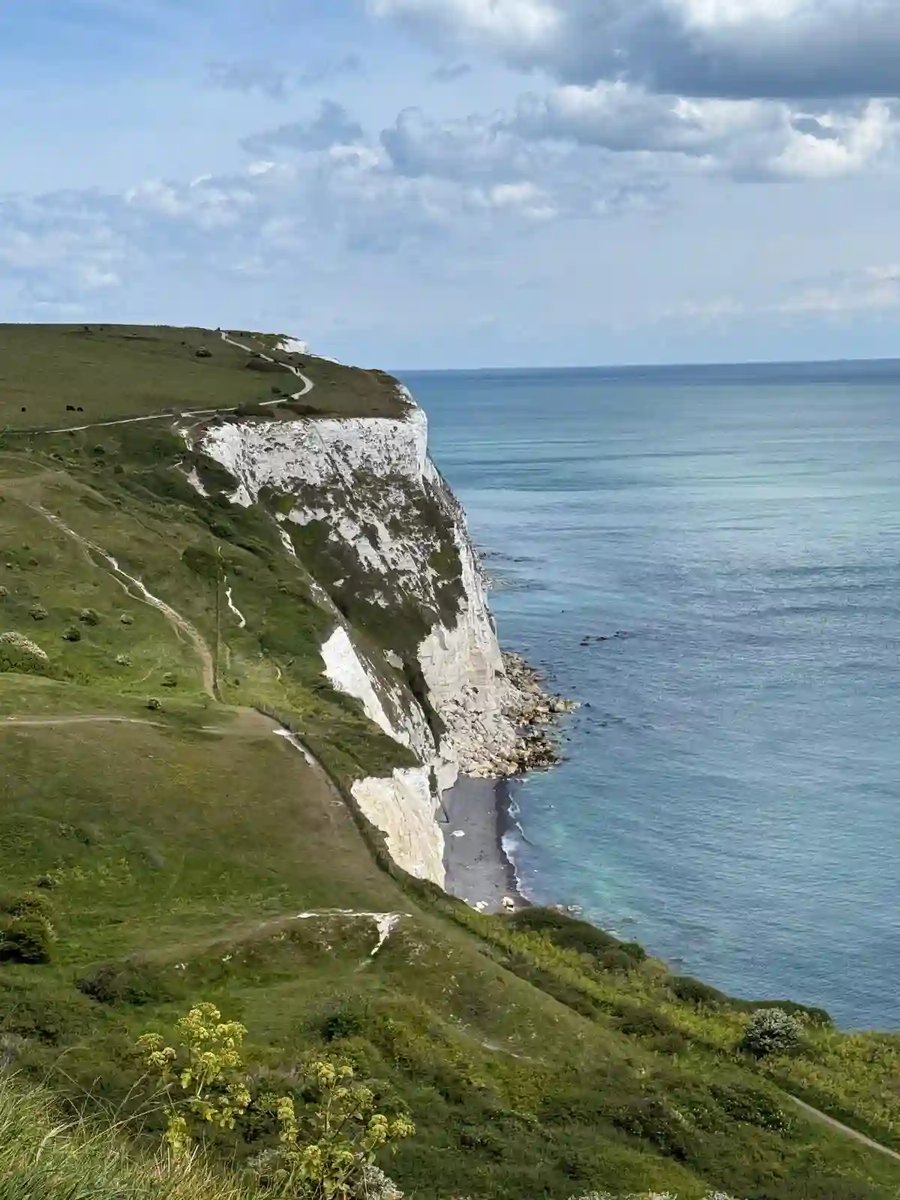 Weisse Kreidefelsen an der englischen Küste mit Blick über das Meer.