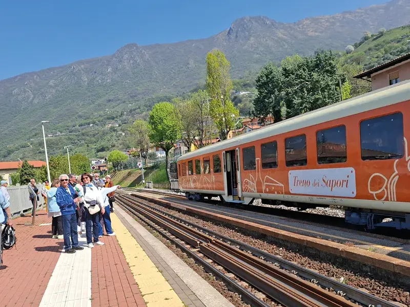Train en gare avec personnes en attente et montagnes en arriéré-plan