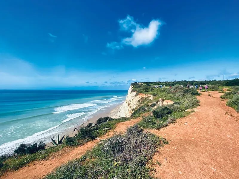 Küstenlandschaft an der Algarve bei Lagos mit sandfarbenem Wanderweg auf einer Steilküste, türkisblauem Atlantik, Wellen und einzelnen Spaziergängern unter blauem Himmel
