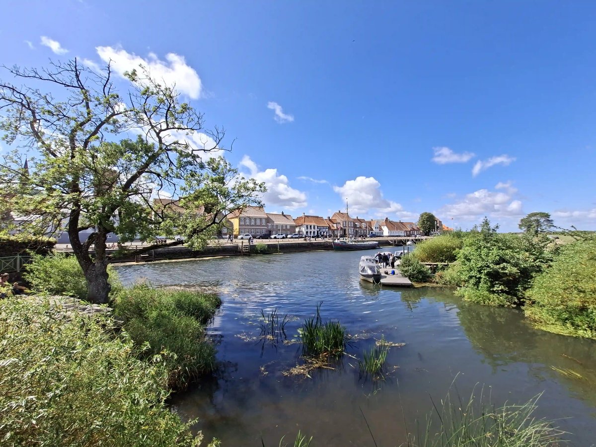 Idyllischer Hafen mit kleinen Booten, historischen Häusern und viel Grün unter blauem Himmel