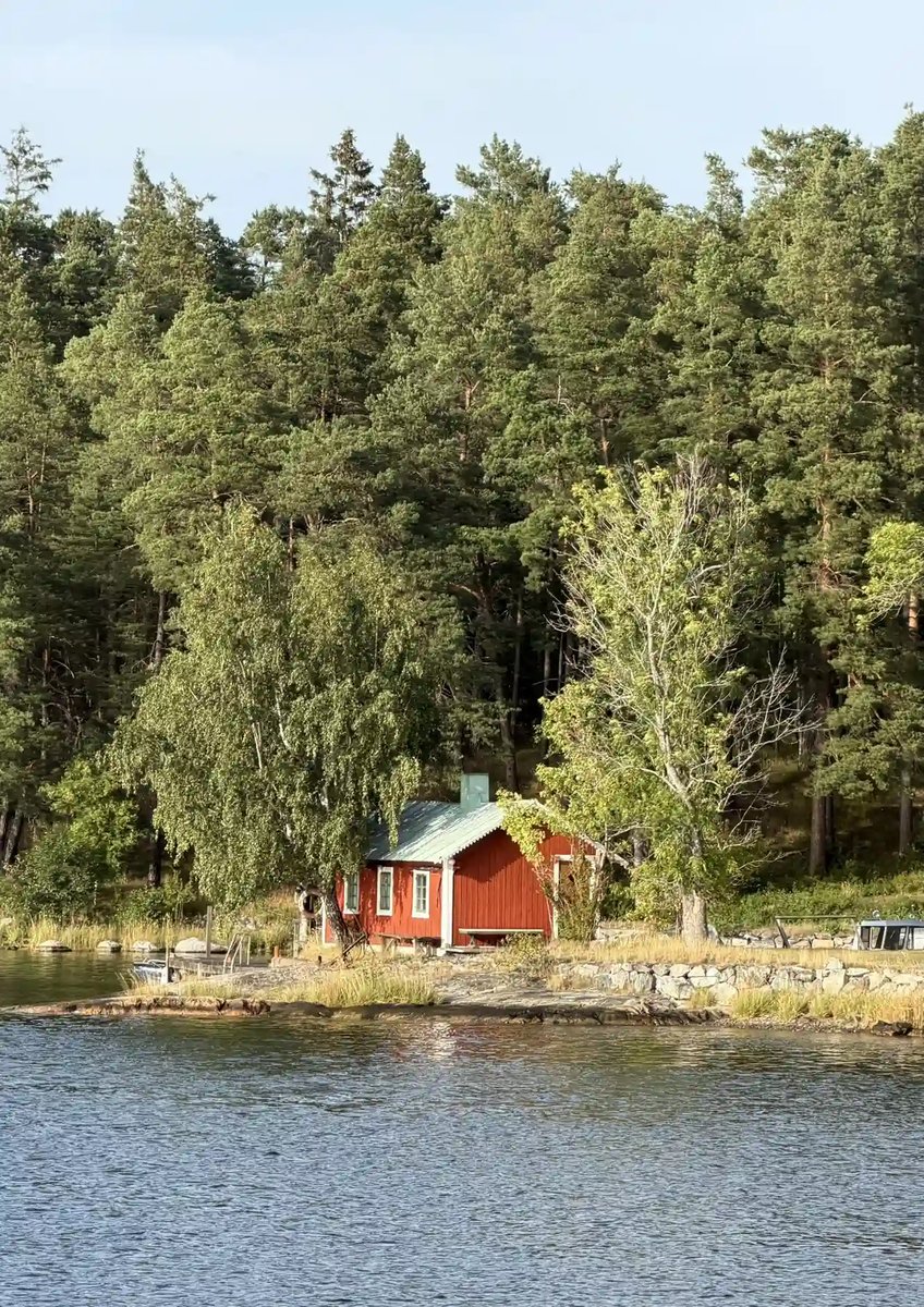 Typisch rotes schwedisches Holzhaus direkt am Wasser, umgeben von Wald