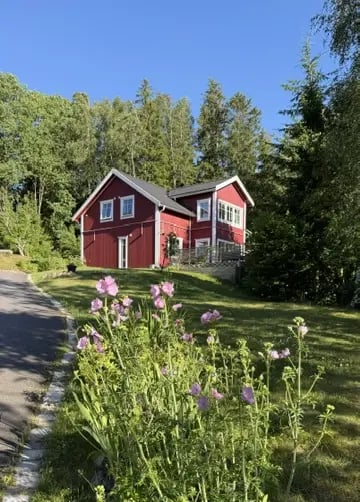Rotes schwedisches Holzhaus mit blühenden Blumen und Bäumen im Garten
