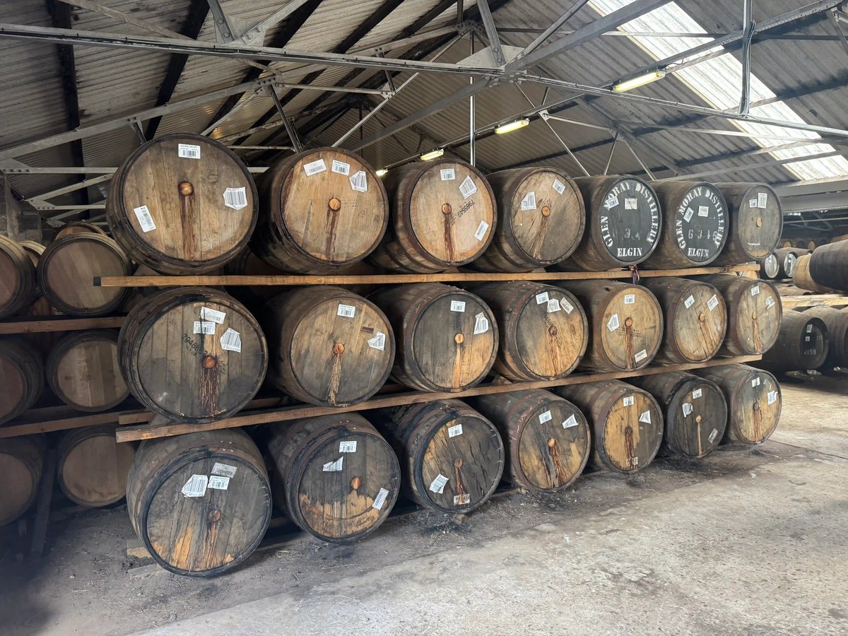 Whiskyfässer in der Glen Moray Distillery in Elgin, Schottland.