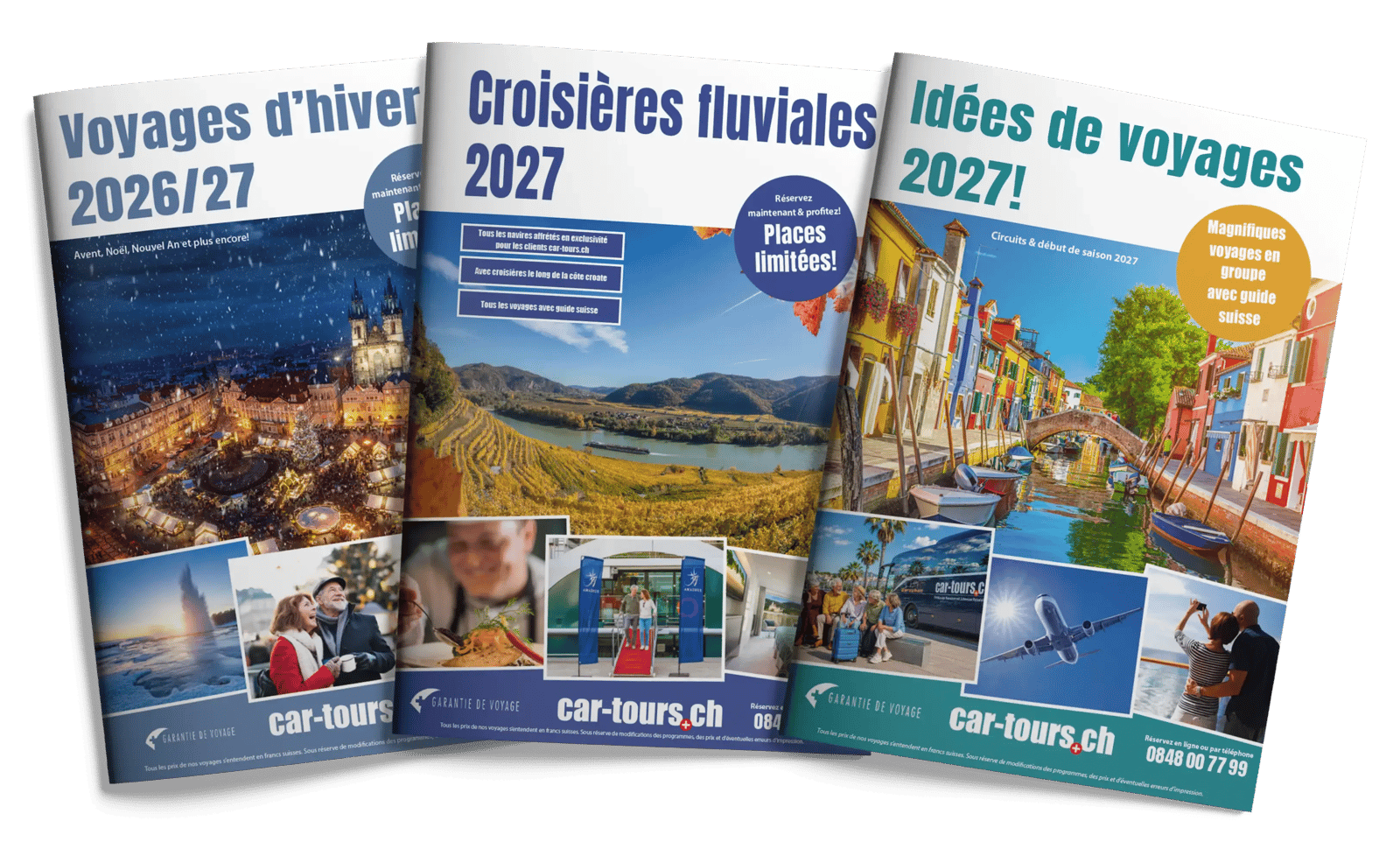 Trois catalogues car-tours.ch consacrés aux voyages d’hiver 2026/27, croisières fluviales et idées de voyages 2027
