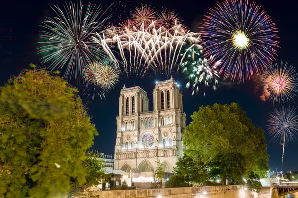 Kathedrale Notre-Dame in Paris bei Nacht mit farbenfrohem Feuerwerk darüber