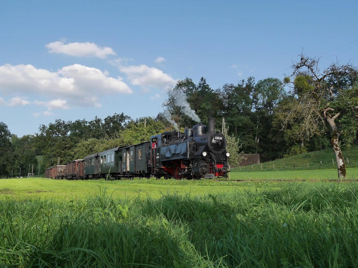 Historische Dampflok zieht Waggons durch gruene Talsenke neben Fluss, Berge und Wald im Hintergrund