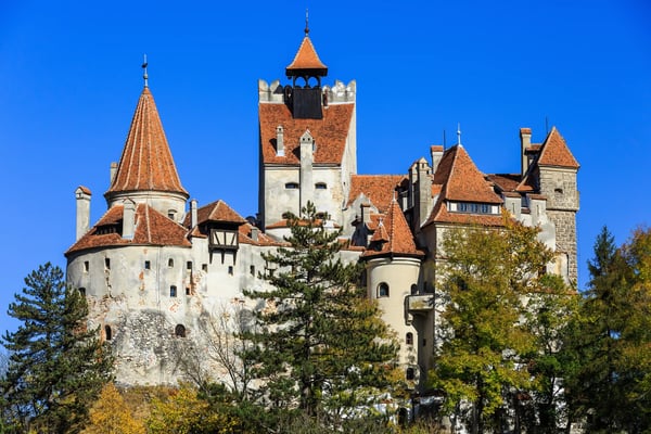 Burg Bran mit roten Dächern vor blauem Himmel, teilweise von Bäumen im Vordergrund verdeckt
