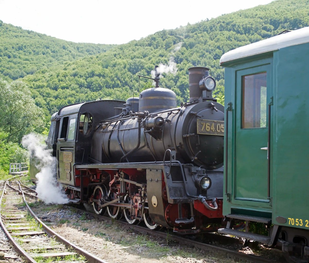 Schwarze Dampflok mit Wagen auf Gleisen in grüner Hügellandschaft, Dampf steigt aus dem Schornstein
