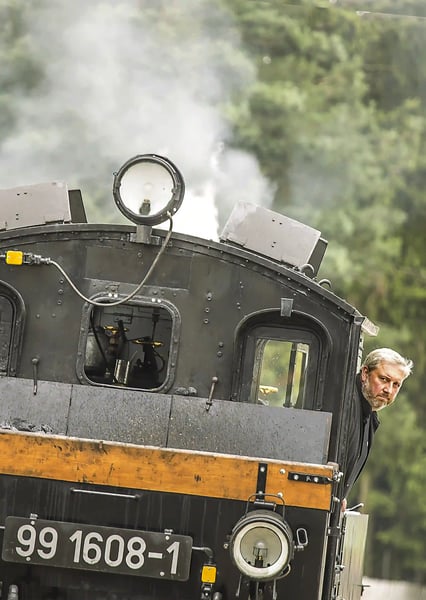 Frontansicht einer historischen Dampflokomotive mit sichtbarem Rauch, Scheinwerfern und Lokfuehrer im Fuehrerstand vor grüner Waldlandschaft