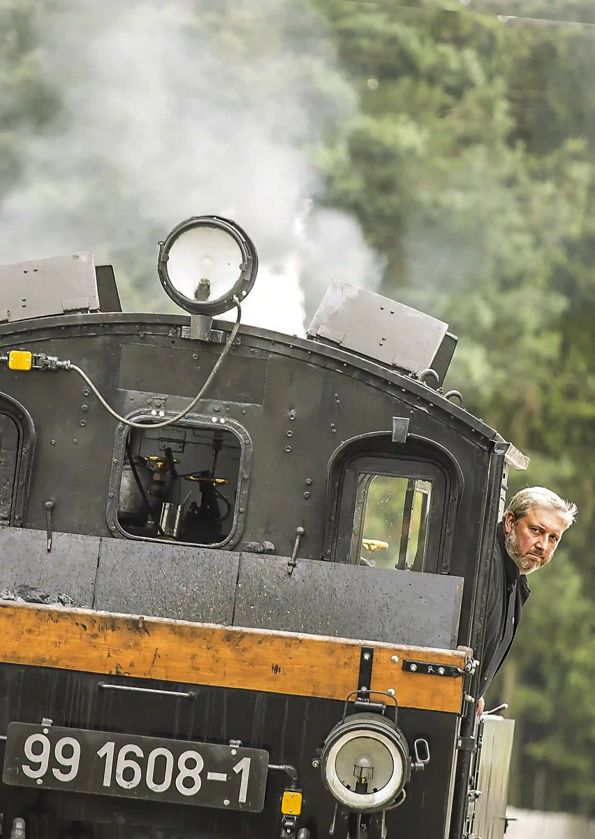 Vue frontale d'une locomotive à vapeur historique avec fumée visible, projecteurs et conducteur dans la cabine devant un paysage forestier